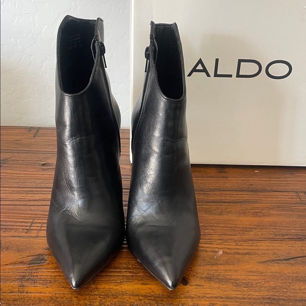 ALDO MYRONA BOOTS Black Leather Pointed Tor Side Zipper Stiletto Heel Size 8.5 - Picture 3 of 16